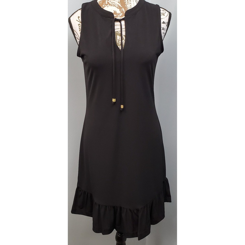 Michael Kors Shift Dress Womens XS Black Sleeveless Tie Keyhole Neck Ruffled Hem